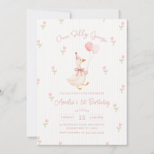 Pink Bow One Silly Goose Balloons Floral Birthday Invitation