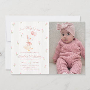 Pink Bow One Silly Goose Balloons Photo Birthday Invitation