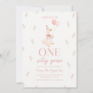 Pink Bow One Silly Goose Floral 1st Birthday Invitation