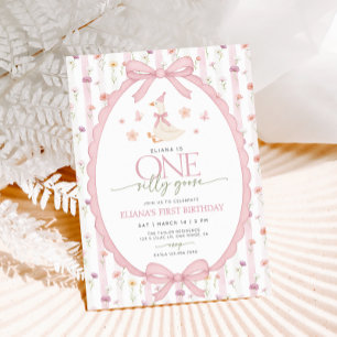 Pink Bow One Silly Goose Floral 1st Birthday Invitation
