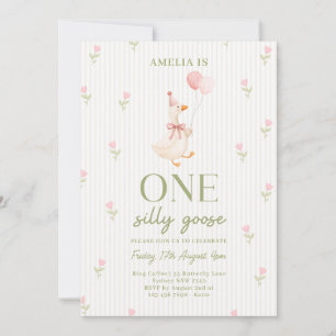 Pink Bow One Silly Goose Floral 1st Birthday Invitation