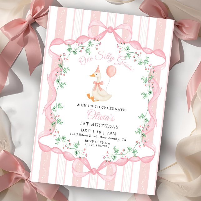 Pink Bow One Silly Goose Floral Girl 1st Birthday Invitation (Creator Uploaded)