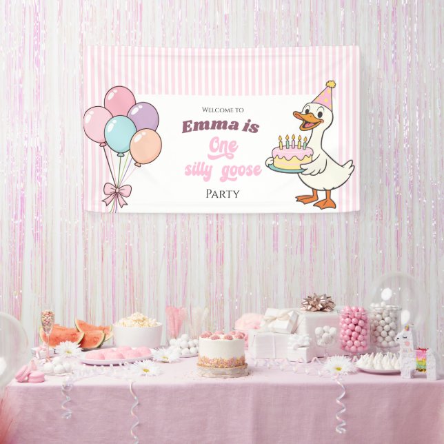 Pink Bow One Silly Goose Girl 1st Birthday Party Banner (Party)