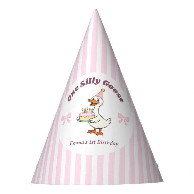 Pink Bow One Silly Goose Girl 1st Birthday Party Hat (Front)