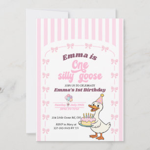 Pink Bow One Silly Goose Girl 1st Birthday Party  Invitation
