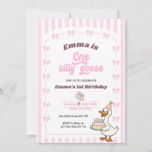 Pink Bow One Silly Goose Girl 1st Birthday Party Invitation