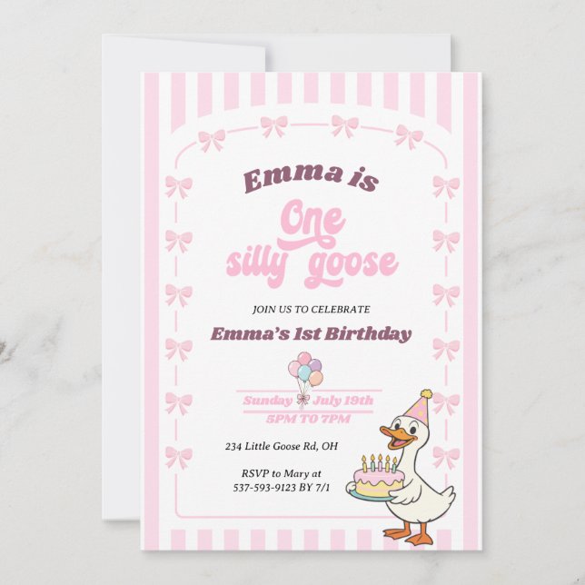 Pink Bow One Silly Goose Girl 1st Birthday Party Invitation (Front)