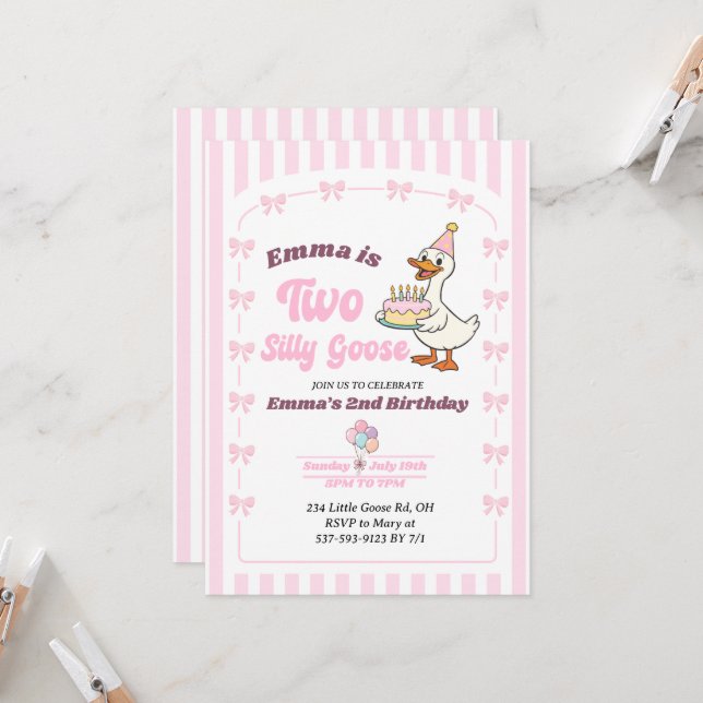 Pink Bow One Silly Goose Girl 2nd Birthday Party Invitation (Front/Back In Situ)