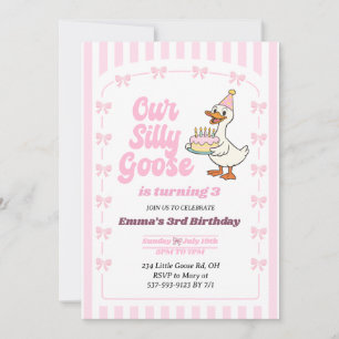 Pink Bow One Silly Goose Girl 3rd Birthday Party Invitation