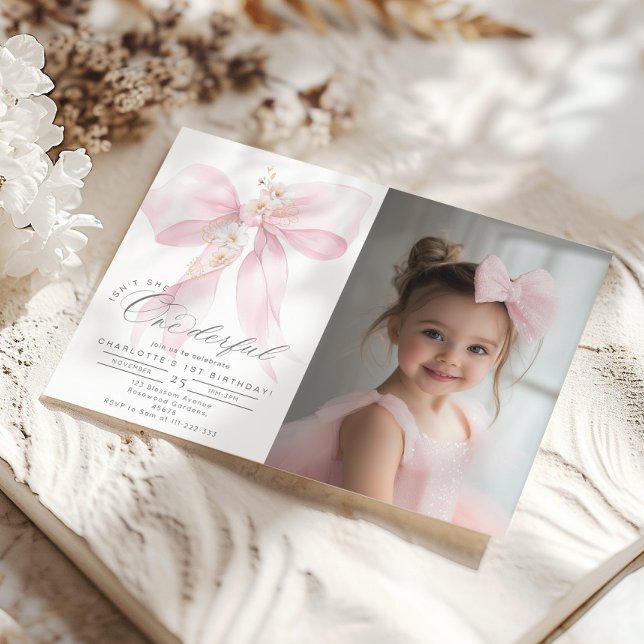 Pink Bow Onederful girl 1st Birthday Photo Invitation (Creator Uploaded)