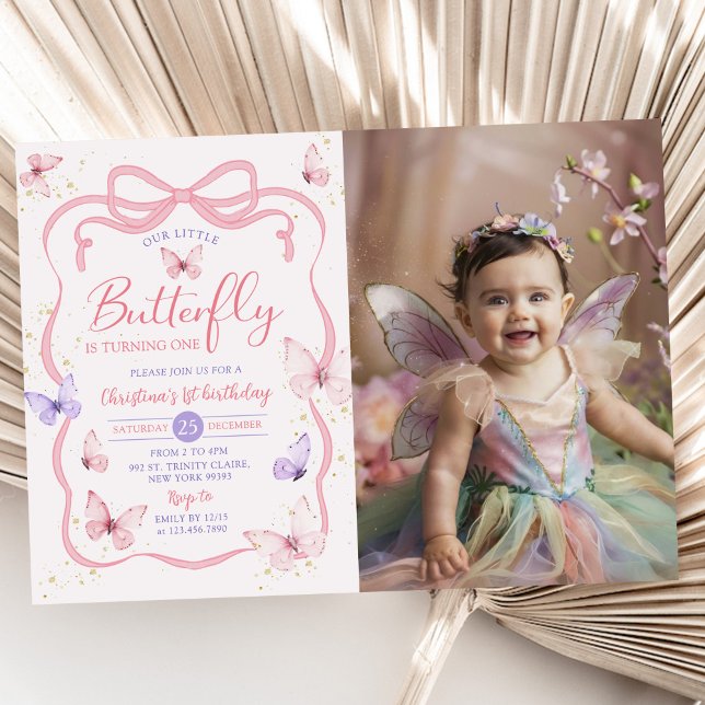 Pink Bow Our Little Butterfly Birthday Photo Invitation (Creator Uploaded)