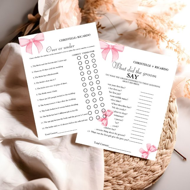 Pink Bow Over or under bridal shower game Card (Creator Uploaded)