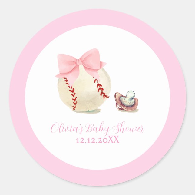 Pink Bow Pacifier Baseball Sport Girl Baby Shower Classic Round Sticker (Front)