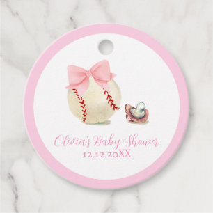 Pink Bow Pacifier Baseball Sport Girl Baby Shower Favour Tags
