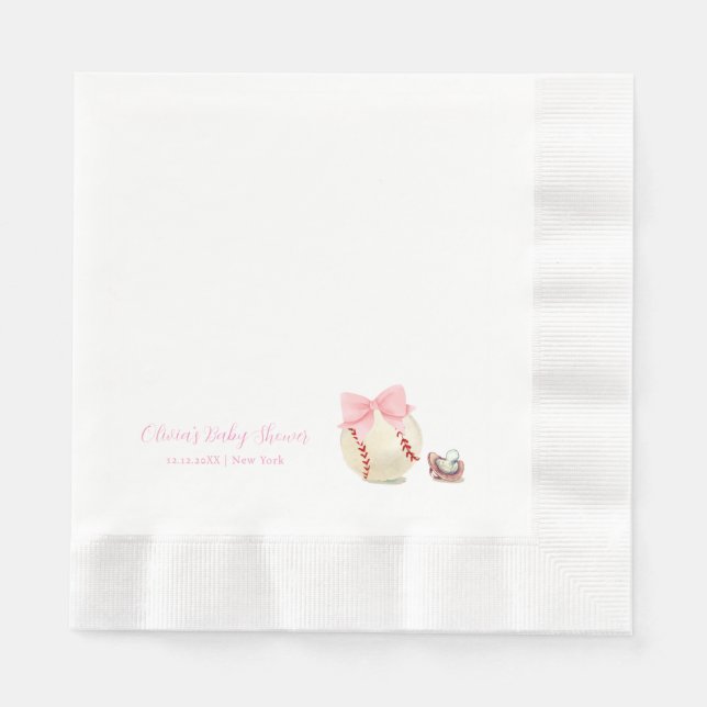 Pink Bow Pacifier Baseball Sport Girl Baby Shower Napkin (Front)