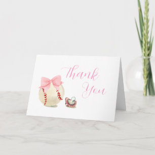 Pink Bow Pacifier Baseball Sport Girl Baby Shower Thank You Card