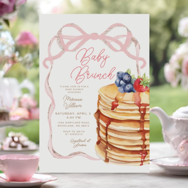 Pink Bow Pancakes Baby Shower Brunch Invitation (Creator Uploaded)
