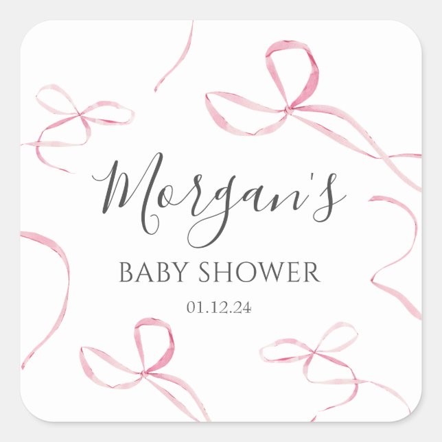 Pink bow Paper Plates, bow theme decorations Square Sticker (Front)