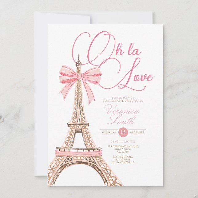 Pink bow Paris Theme Bridal Shower Invitation (Front)