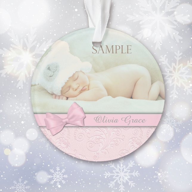 Pink Bow Pastel Baby 1st Christmas Photo Template Ornament (Creator Uploaded)