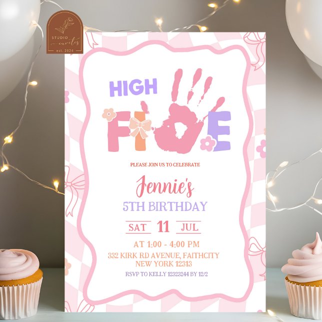 Pink Bow Pastel Retro High Five Party Birthday Invitation (Creator Uploaded)