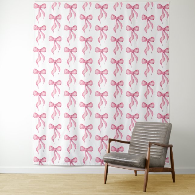Pink Bow Pattern Bridal Shower Photo Backdrop Tapestry (In Situ)