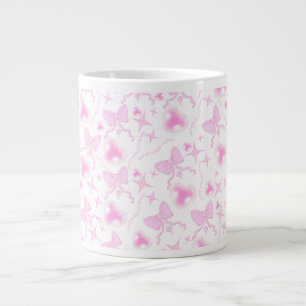 Pink Bow Pattern Kawaii Hearts and Ribbons Large Coffee Mug