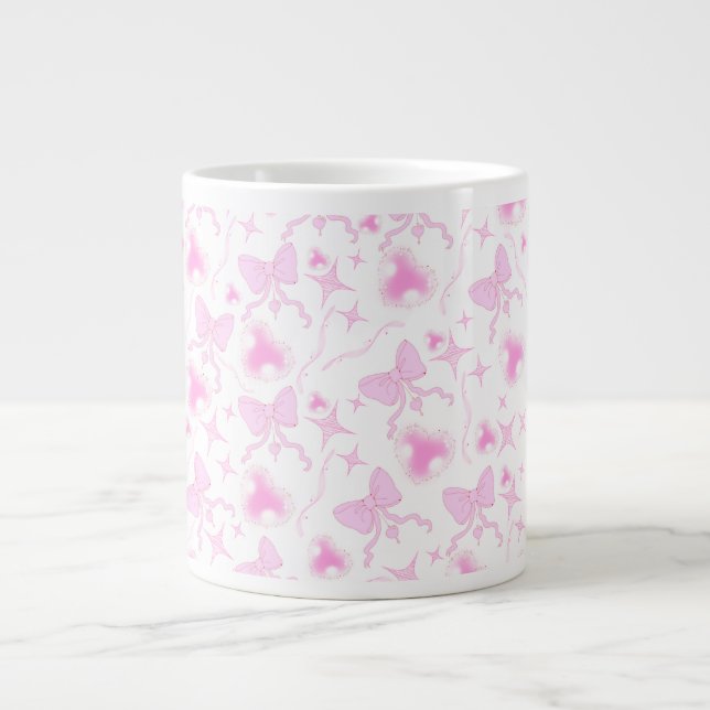 Pink Bow Pattern Kawaii Hearts and Ribbons  Large Coffee Mug (Front)