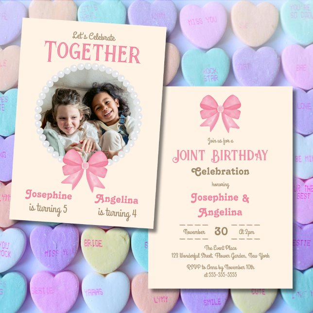 Pink Bow Pearl Photo Girl Joint Birthday Invitation (Creator Uploaded)