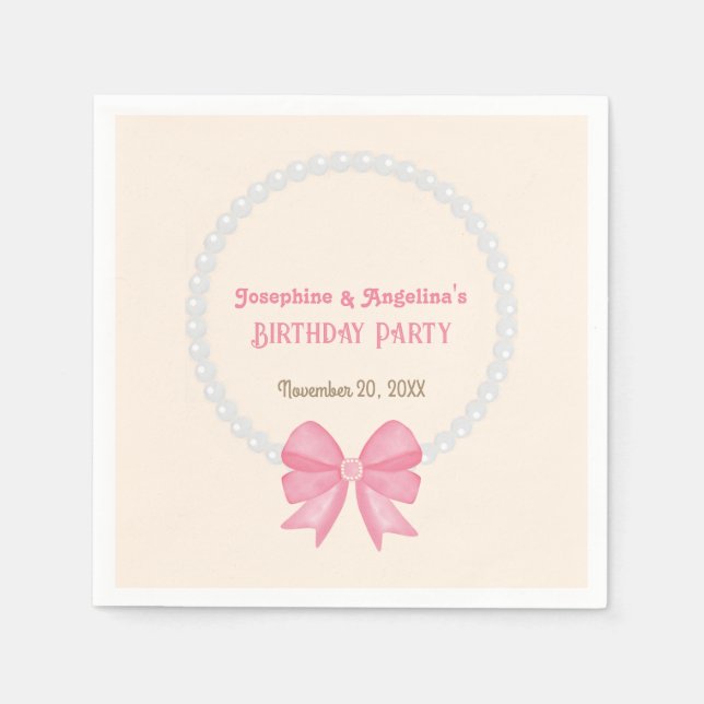 Pink Bow Pearl Photo Girl Joint Birthday Welcome Napkin (Front)