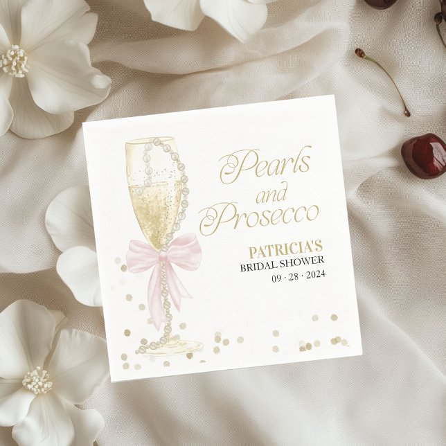 Pink Bow Pearls And Prosecco Bridal Shower Napkin (Creator Uploaded)