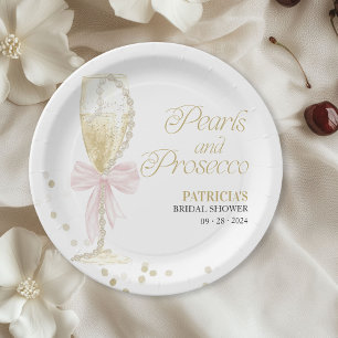 Pink Bow Pearls And Prosecco Bridal Shower Paper Plate