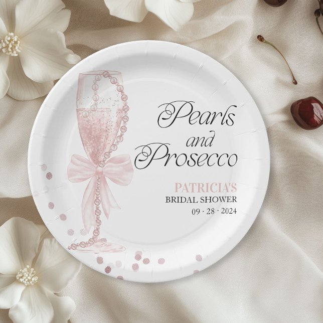 Pink Bow Pearls And Prosecco Bridal Shower Paper Plate (Creator Uploaded)