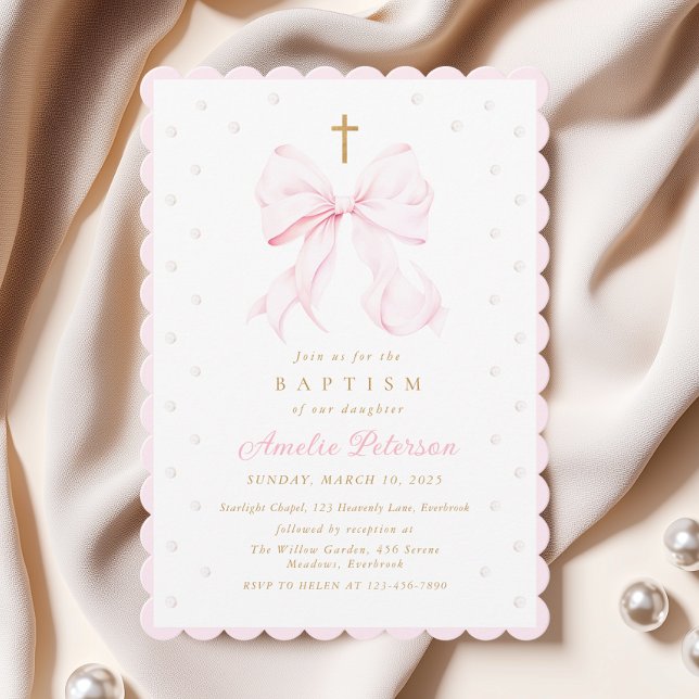 Pink Bow & Pearls Coquette Baptism Invitation (Creator Uploaded)