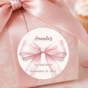 Pink bow pearls  coquette Birthday Classic Round Sticker
