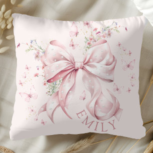 Pink Bow Pearls Coquette Girly Cushion