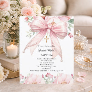 Pink bow pearls florals girl Baptism invitation