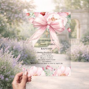 Pink bow pearls florals girl clear Baptism Acrylic Invitations