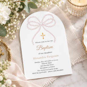 Pink bow pearls girl Baptism arch Invitation