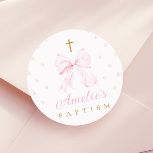 Pink Bow Pearls Girl Baptism Classic Round Sticker