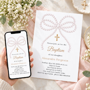 Pink bow pearls girl Baptism Invitation