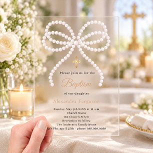 Pink bow pearls girl clear luxury Baptism Acrylic Invitations