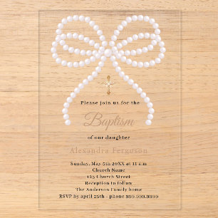 Pink bow pearls girl clear luxury Baptism Acrylic Invitations