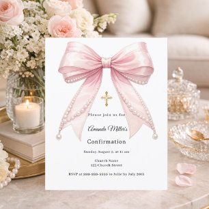 Pink bow pearls girl Confirmation invitation