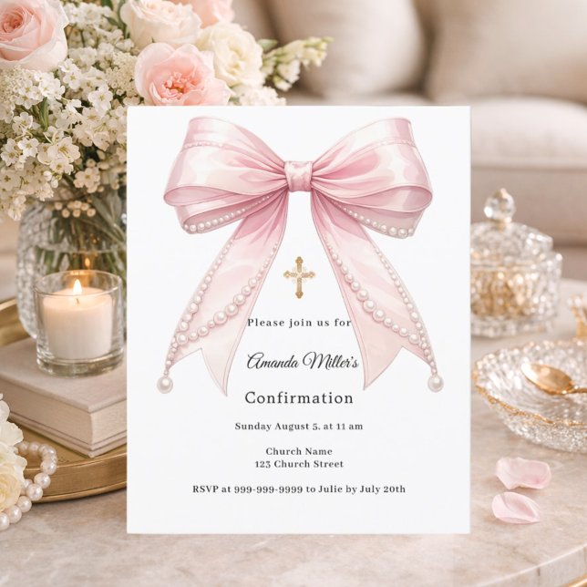 Pink bow pearls girl Confirmation invitation (Creator Uploaded)