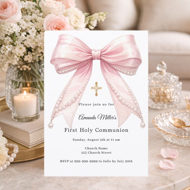 Pink bow pearls girl elegant First Communion Invitation (Creator Uploaded)