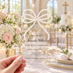 Pink bow pearls girl First Communion Acrylic Invitations