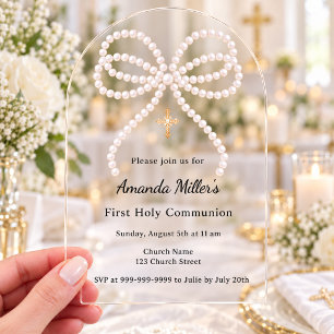 Pink bow pearls girl First Communion Arch Acrylic Invitations