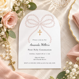 Pink bow pearls girl First Communion Arch Invitation