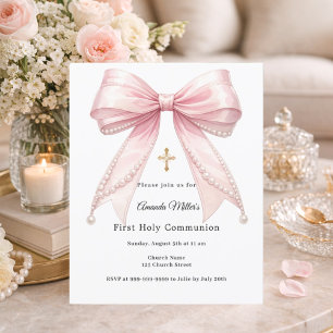 Pink bow pearls girl First Communion invitation